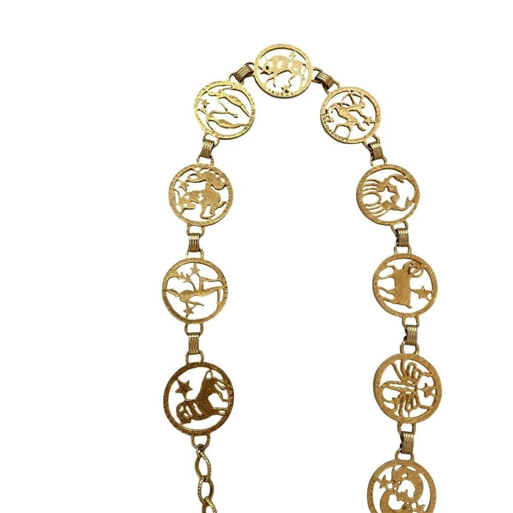Vintage Zodiac Sign Gold Tone Chain Belt Celestial Astrology Medallion